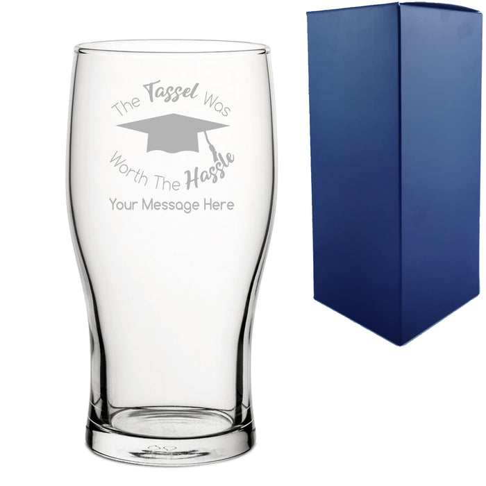 Personalised Engraved Graduation Pint Glass with 'The Tassel was worth the Hassle' Design, Personalise with Any Name or Message Image 1