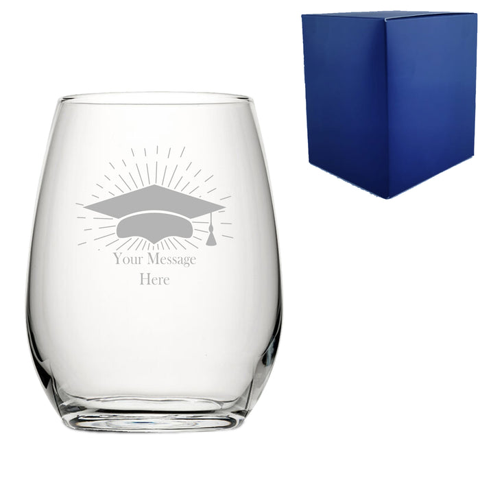 Personalised Engraved Graduation Stemless Wine Glass with Grad Cap Burst Design, Personalise with Any Name or Message Image 1