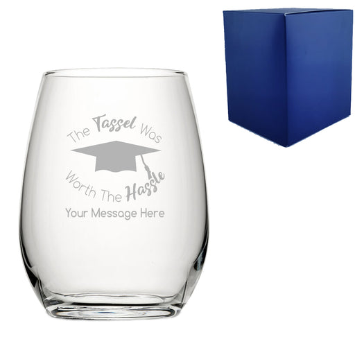 Personalised Engraved Graduation Stemless Wine Glass with 'The Tassel was worth the Hassle' Design, Personalise with Any Name or Message Image 1