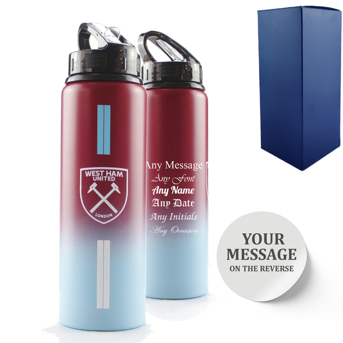 Official Printed Metal West Ham Bottle, Personalise Any Message, Gift Boxed, Striped Design Image 1