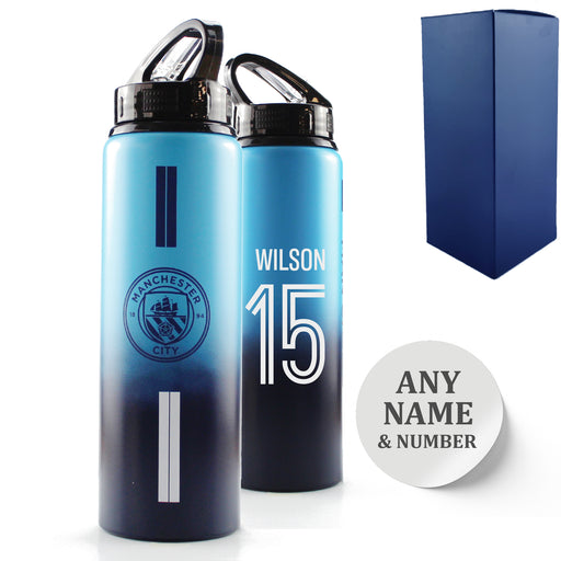 Official Printed Metal Manchester City Bottle, Personalise Any Number, Gift Boxed, Striped Design Image 1